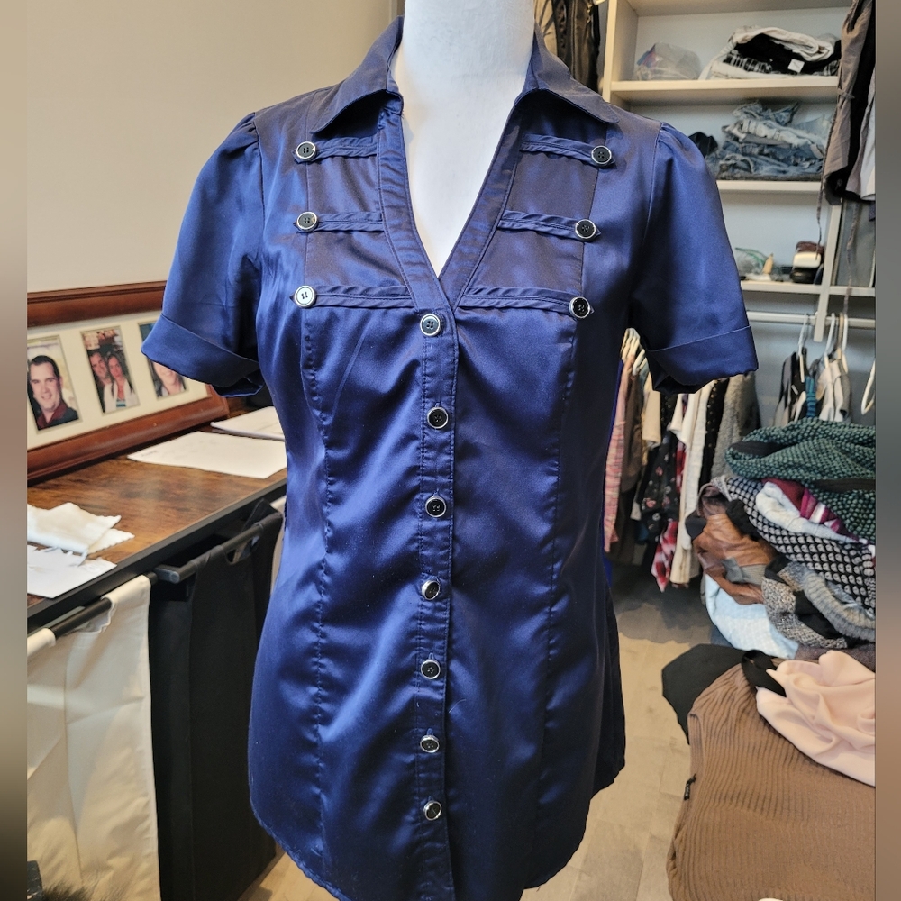 Navy Blue Satin Military Style Button-Down Shirt Short Sleeve Top Medium
